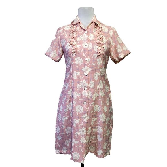 Vintage 60s Handmade M Silky Polyester‎ Floral Button Front Shift Shirt Dress - Picture 1 of 8